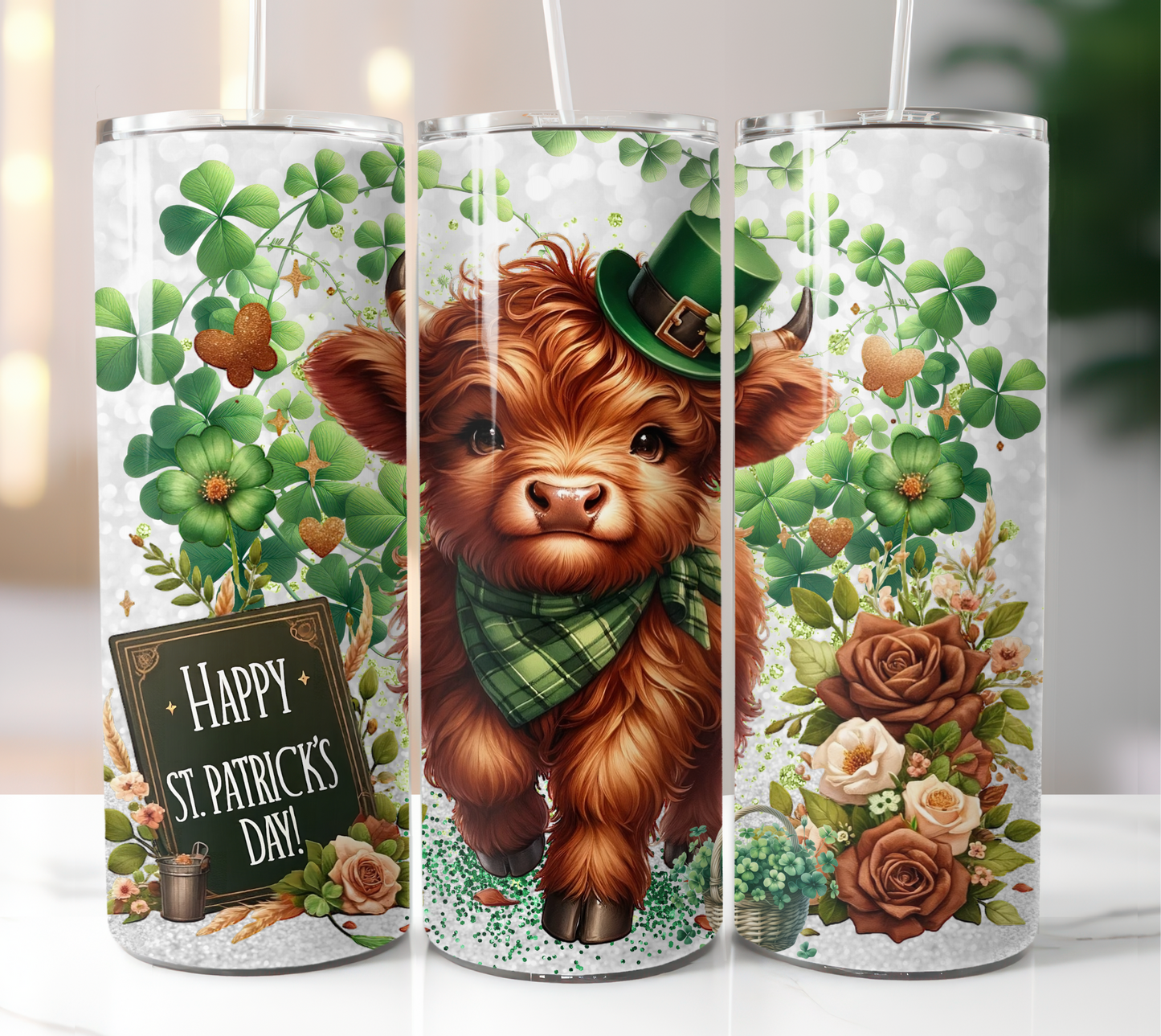 Happy St, Patrick's Day Highland Cow 20oz Tumbler