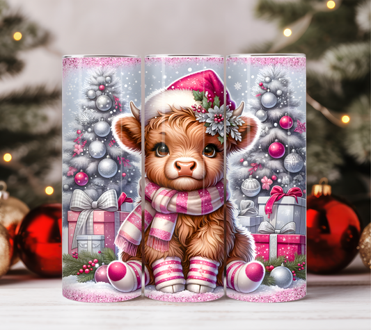 Pink Christmas Highland Cow 20oz Tumbler